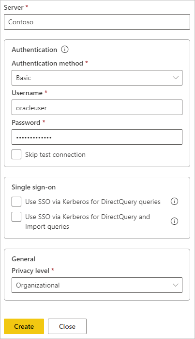 Screenshot of filling in credentials and privacy level for the Oracle data source.