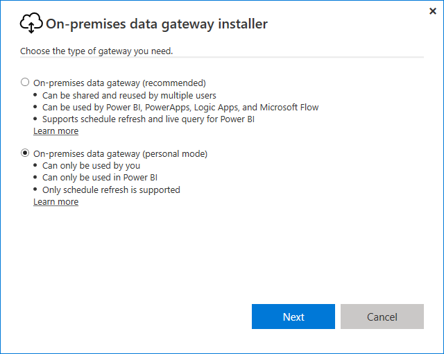 Screenshot that shows selecting the on-premises data gateway (personal mode).