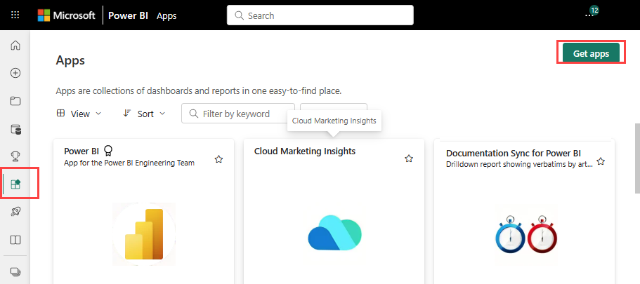 Screenshot that shows the Apps tab in the Power BI service.