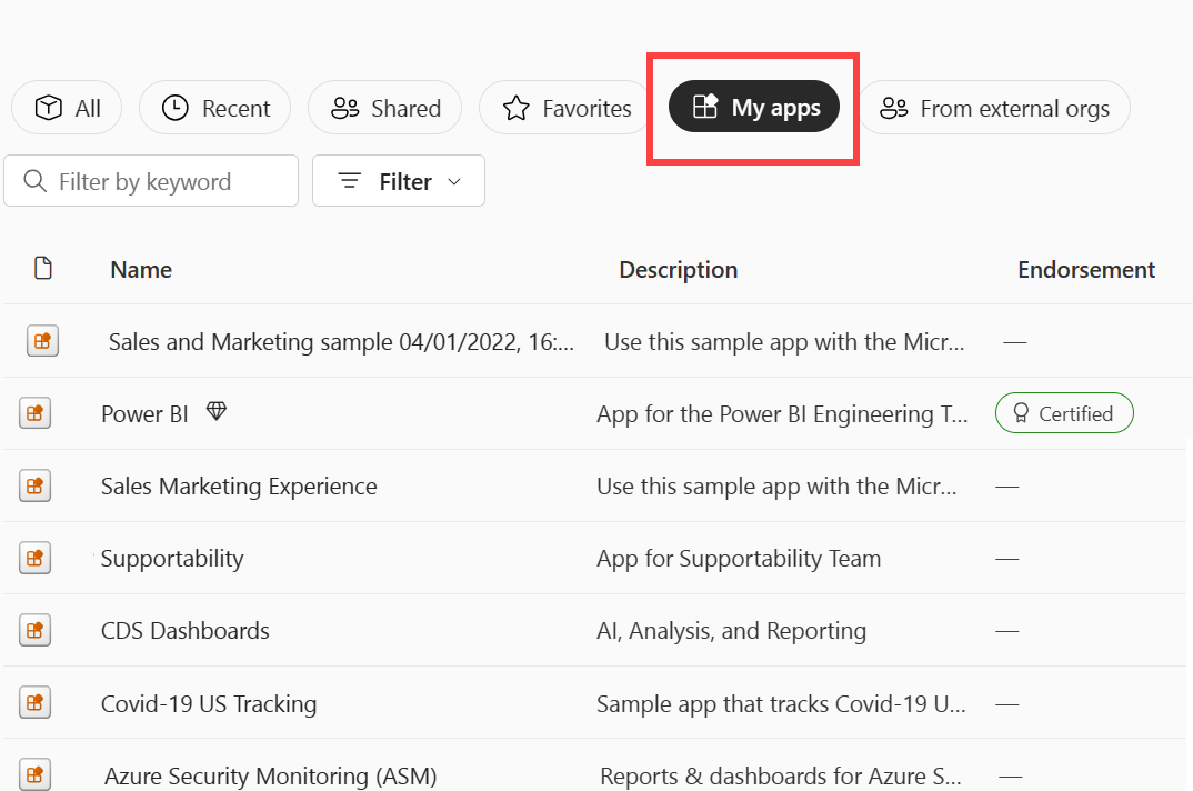 Screenshot shows the My apps section of Power BI Home.
