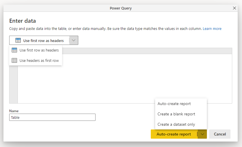 Screenshot of the Power Query window for entering data.