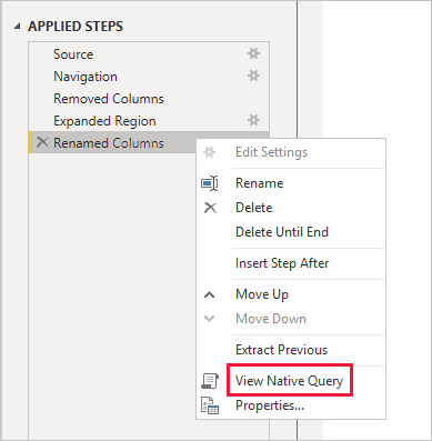 Screenshot of Power BI Desktop showing the "View Native Query" option under Applied Steps.