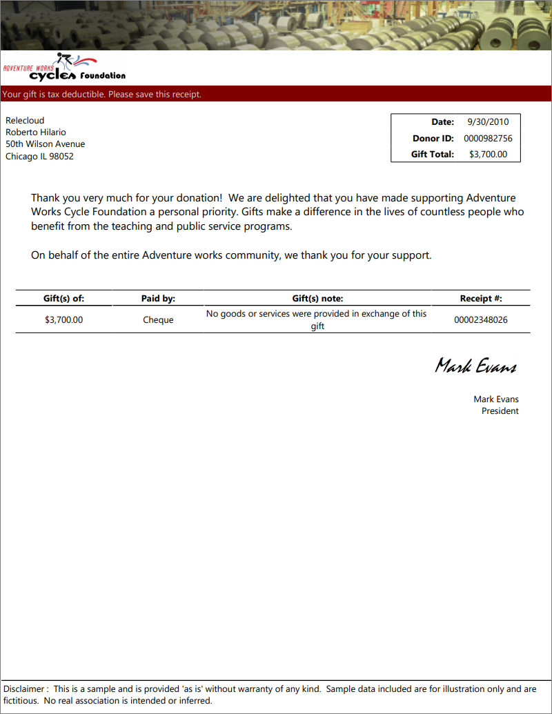 Screenshot of sample Power BI paginated report letter.