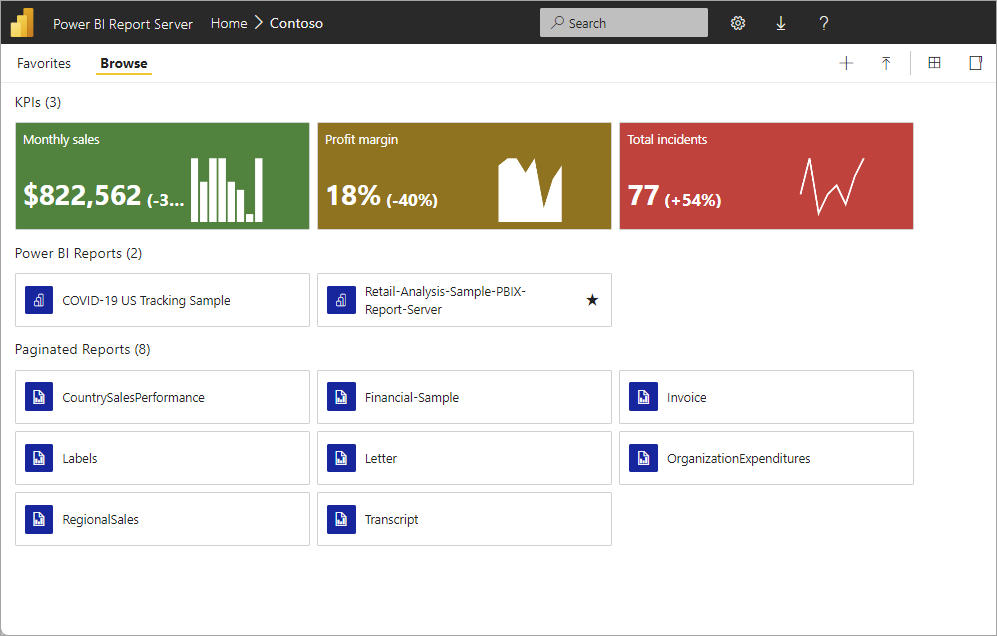 Screenshot shows the Power B I Report Server web portal.