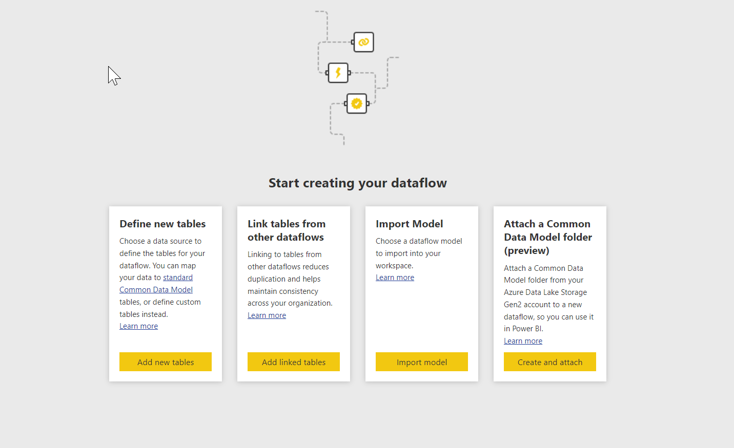 Screenshot of options for creating a dataflow.