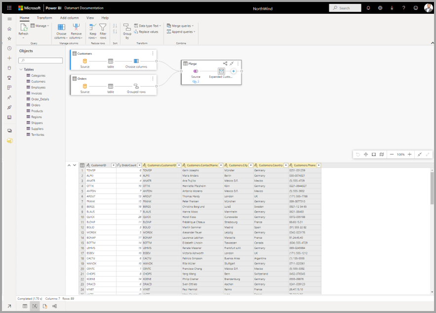 Screenshot of sample query results in the datamart editor.