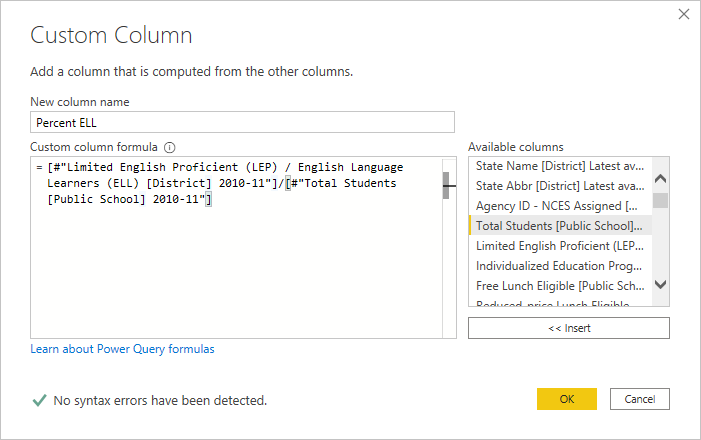 Screenshot of the Custom Column Dialog box showing an example formula.