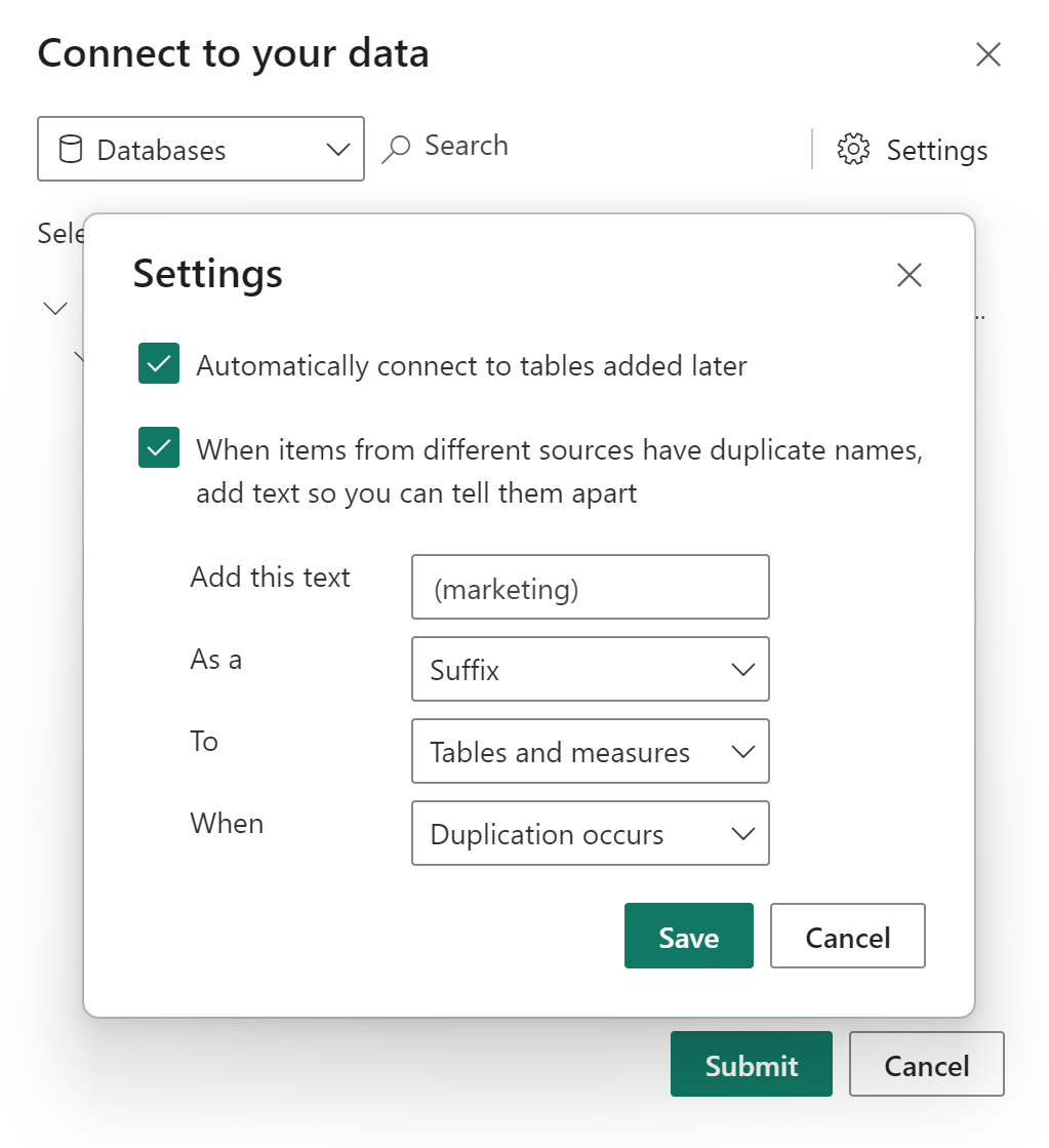 Dialog that allows specifying deduplication rules to apply when loading from a semantic model.