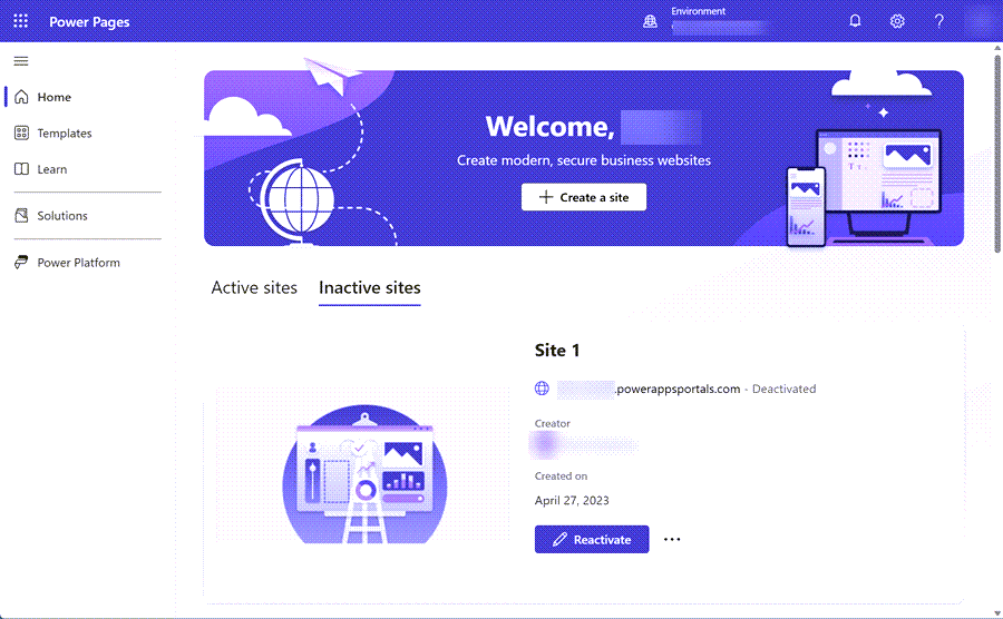 Screenshot that shows the Reactivate button on the Inactive sites section of the Power Pages home page.