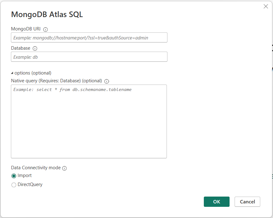 Atlas SQL connection dialogue