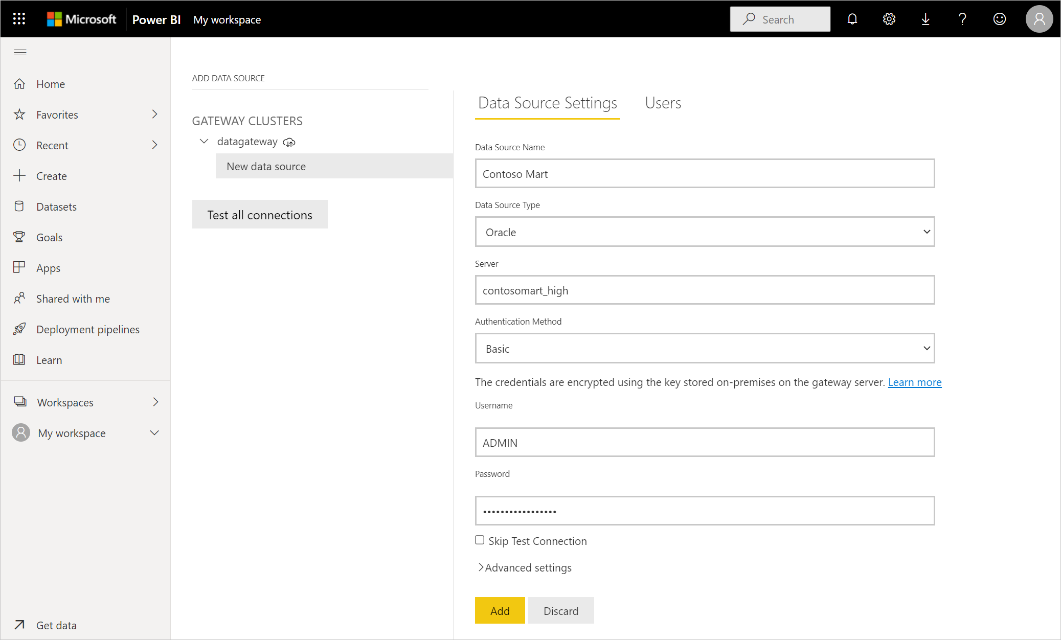 Image of the Data Source Settings window, with all of the data source settings filled in.