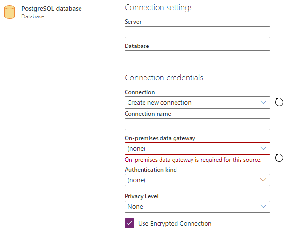 PostgreSQL connection builder in Power Query Online.