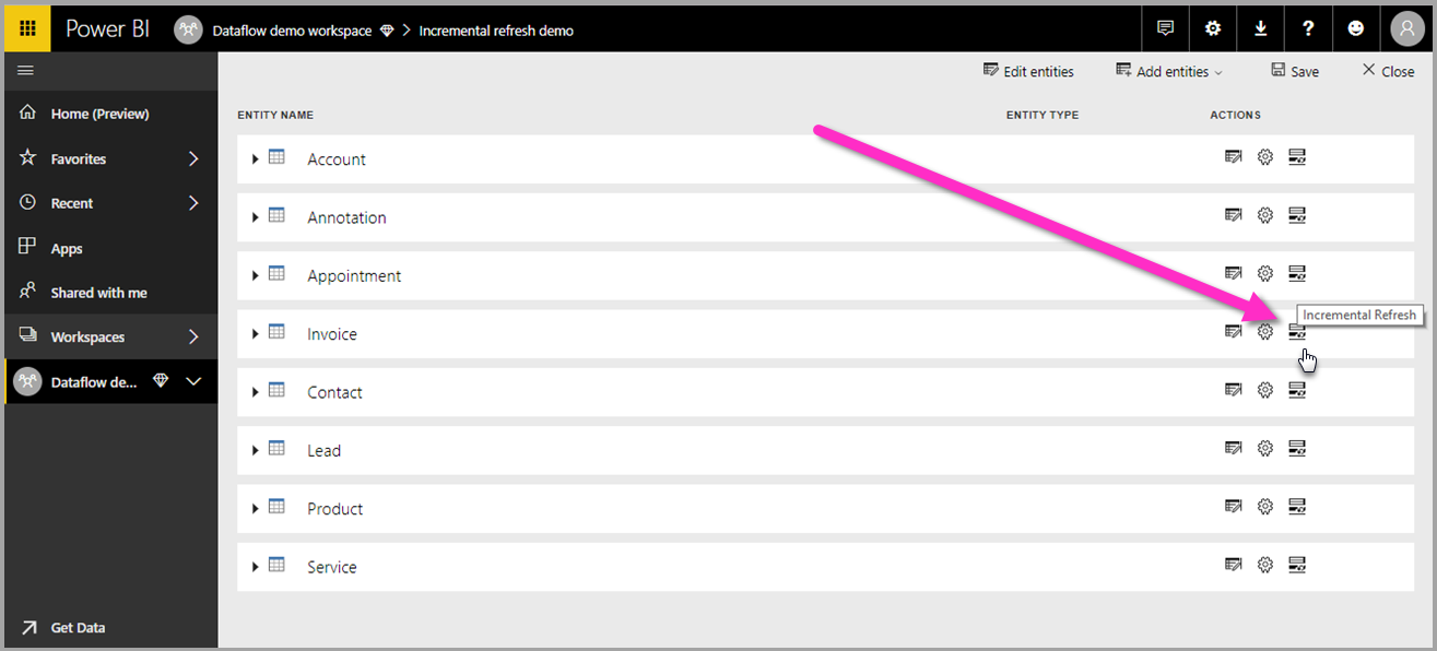 Incremental refresh icon for dataflows.