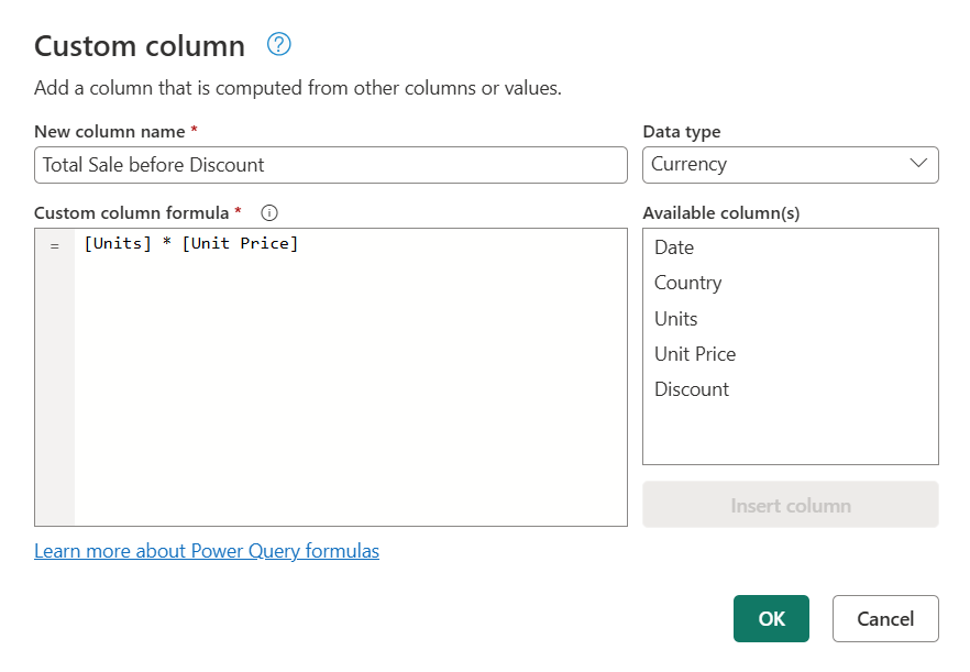 Screenshot of the Custom column formula for Total Sale before Discount.