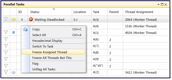 Shortcut menu in Parallel Tasks window