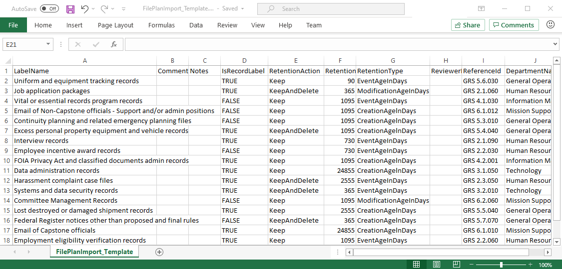 File plan template example with information filled in ready to import to create retention labels.