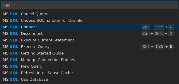 Screenshot of Visual Studio Code command pallet, filtered for `MS SQL` commands.