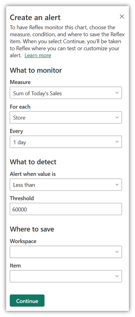 Screenshot showing the Create Alert dialog.