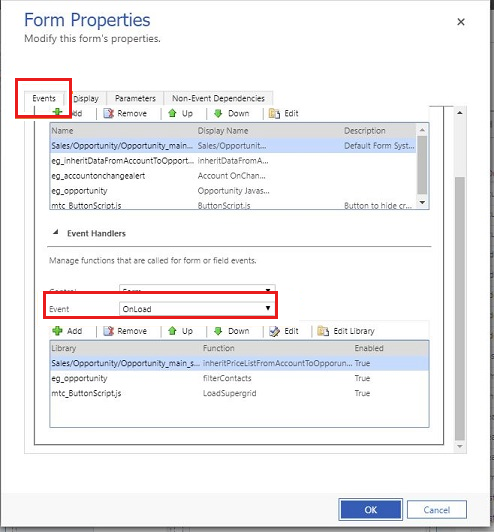 Select the control OnLoad from the Events drop-down list.