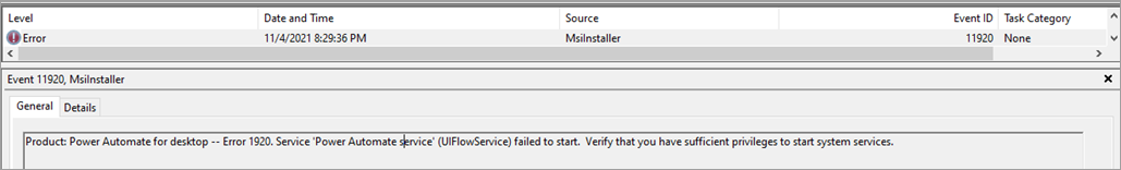 Screenshot that shows the event 11920 stating that you need to verify that you have sufficient privileges to start system services.