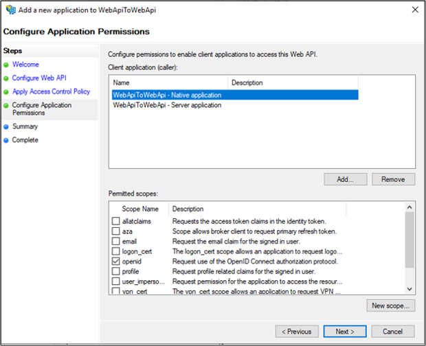 Screenshot of the Configure Application Permissions page of the Add a new application to WebApiToWebApi wizard showing the Next option called out.