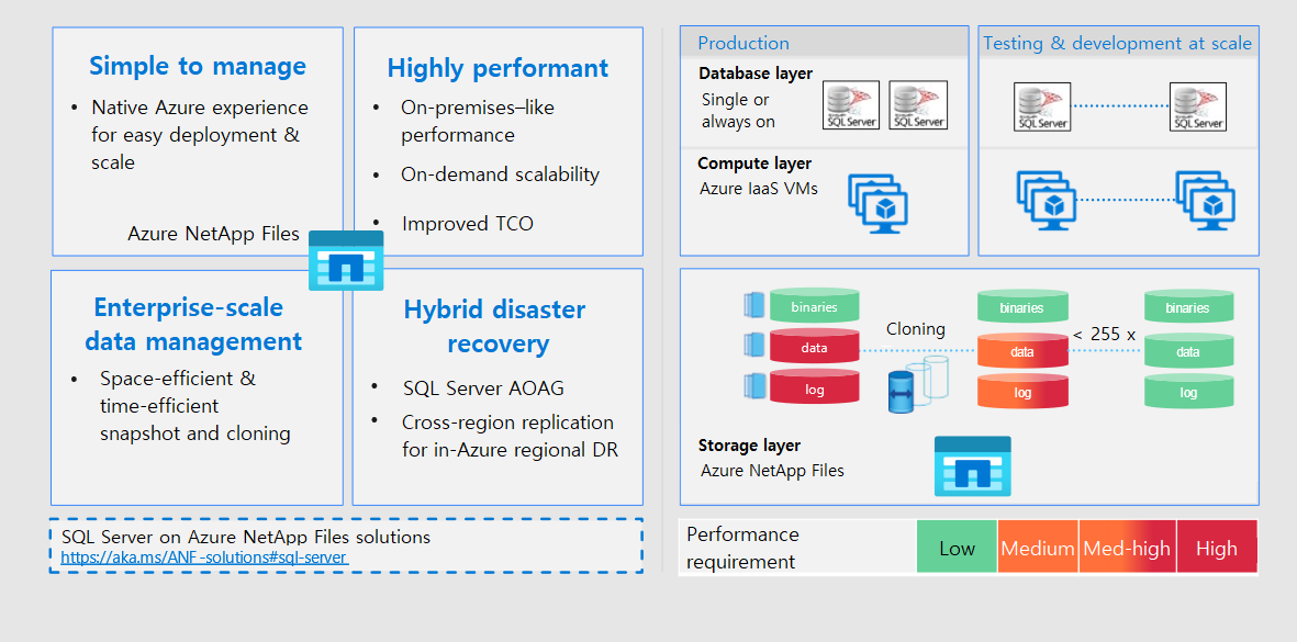 Схема архитектуры, в которой перечислены функции и преимущества Azure NetApp Files. На схеме также показаны различные уровни системы, которая использует эту службу.