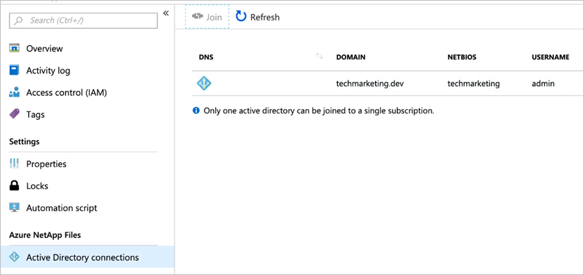 Снимок экрана: меню подключений Active Directory с успешно созданным подключением.