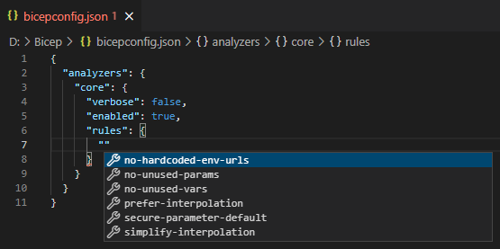 Снимок экрана: поддержка intellisense при настройке bicepconfig.json.