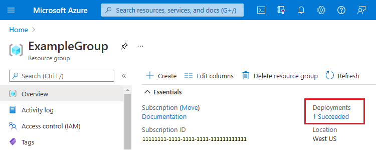 Снимок экрана: обзор группы ресурсов, на котором показано успешное развертывание.