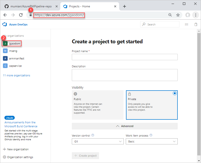 Screenshot of creating an Azure DevOps project for Azure Resource Manager Azure DevOps Azure Pipelines.