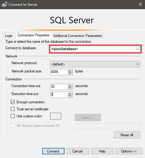 Снимок экрана: вкладка параметров диалогового окна подключения к серверу в SQL Server Management Studio (SSMS).