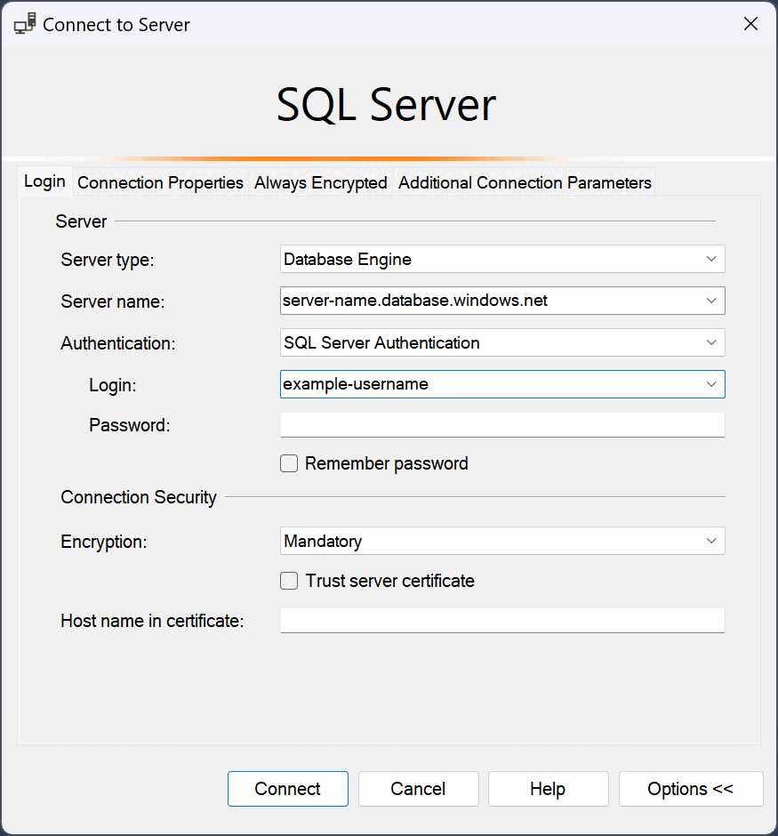 Снимок экрана, на котором показаны сведения, необходимые для подключения к SQL Server.