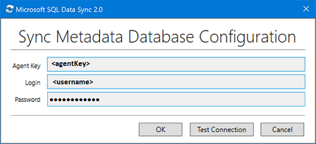 Снимок экрана: приложение агента клиента Синхронизация данных Microsoft SQL 2.0. Введите ключ агента и учетные данные сервера.