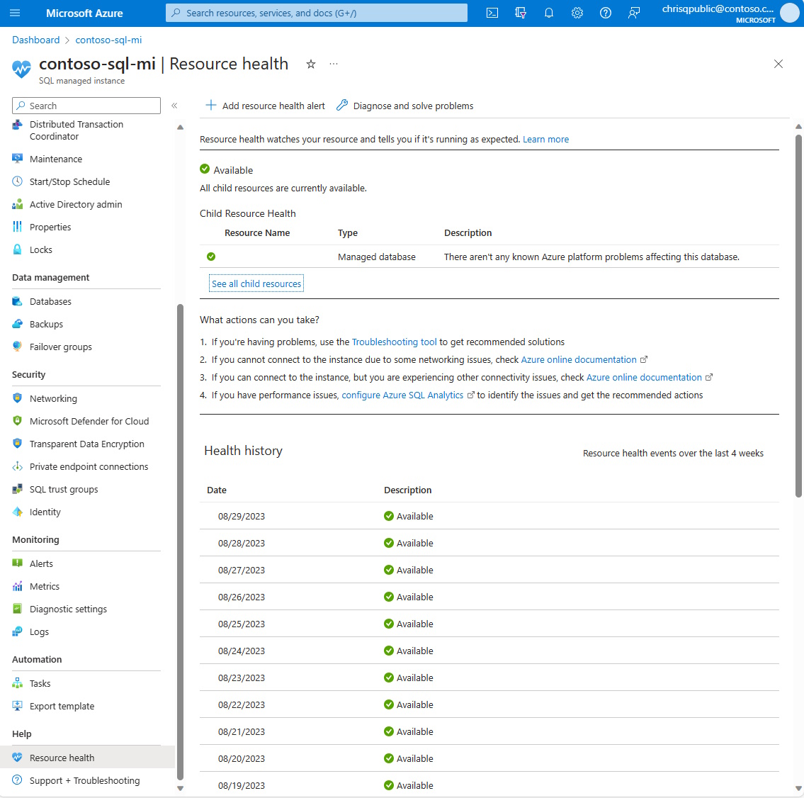 Снимок экрана: портал Azure с страницей Работоспособность ресурсов для Управляемый экземпляр SQL Azure.