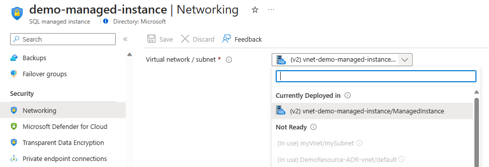 Снимок экрана: параметры Управляемый экземпляр SQL Azure подсети.