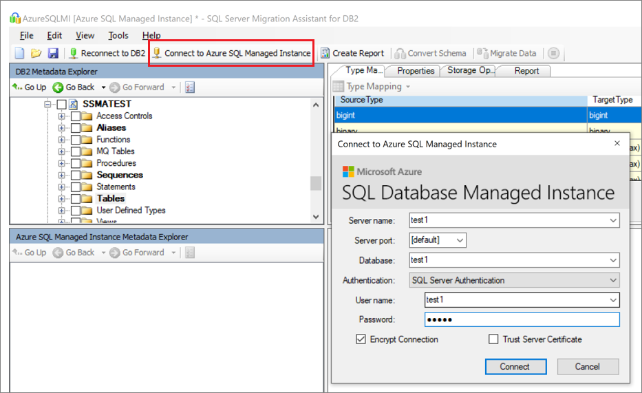 Снимок экрана, на котором показаны сведения, необходимые для подключения к SQL Server.