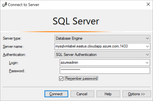 Снимок экрана, на котором показаны сведения, необходимые для подключения к SQL Server на виртуальной машине Azure.