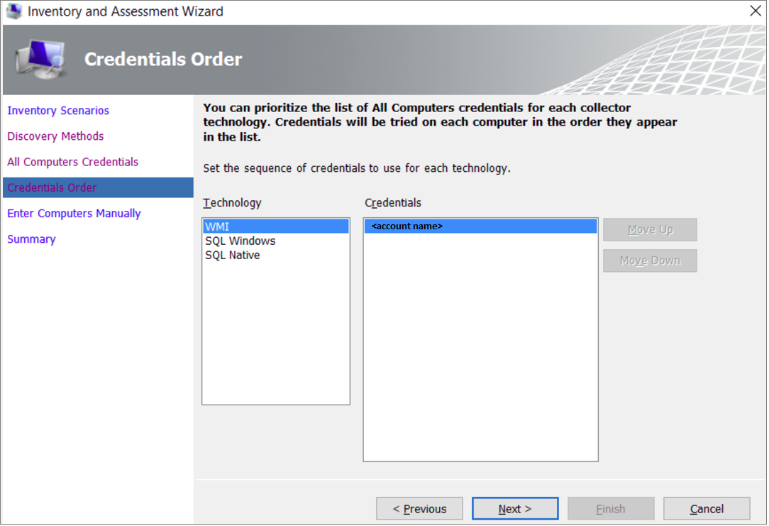Снимок экрана: страница Credentials Order (Порядок учетных данных) мастера инвентаризации и оценки.