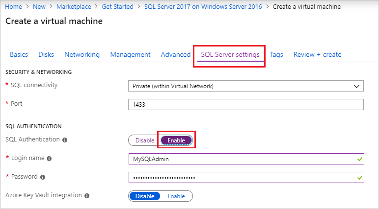 Снимок экрана: параметр общедоступного подключения SQL во время подготовки.