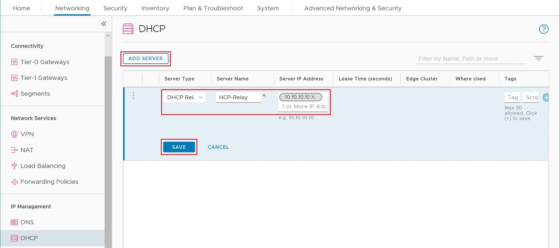 Снимок экрана: создание службы ретрансляции DHCP в диспетчере NSX.