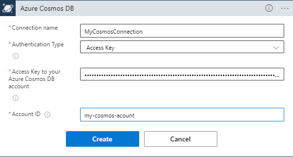 Снимок экрана: пример конфигурации подключения Azure Cosmos DB для рабочего процесса приложения логики потребления.