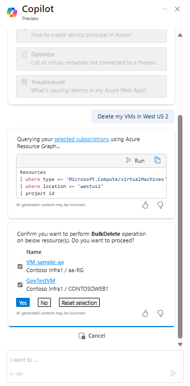 Screenshot of Copilot in Azure responding to a request to delete VMs.