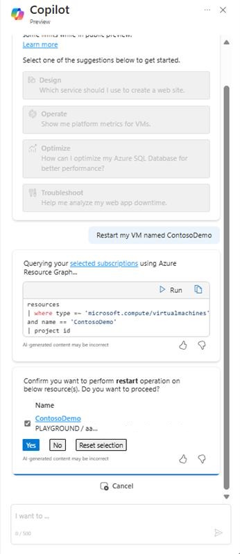 Screenshot of Copilot in Azure responding to a request to restart a VM.