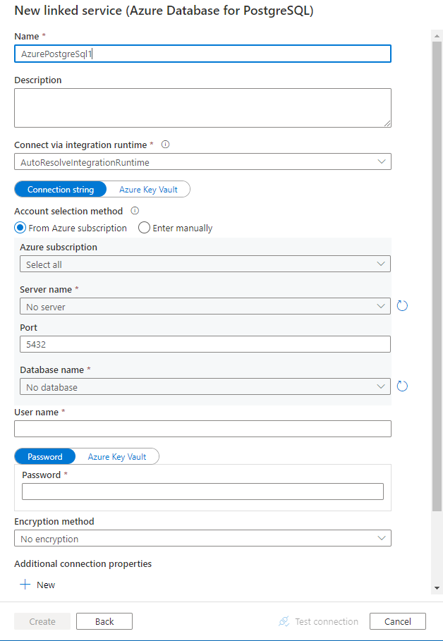 Настройка связанной службы для Базы данных Azure для PostgreSQL.