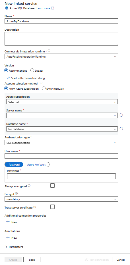 Снимок экрана с конфигурацией для связанной службы Базы данных SQL Azure.