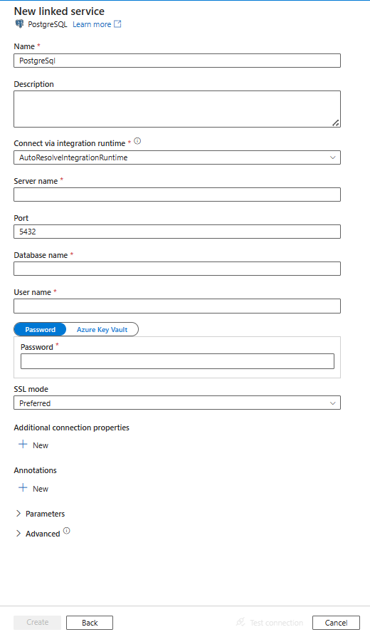 Настройка связанной службы для PostgreSQL.