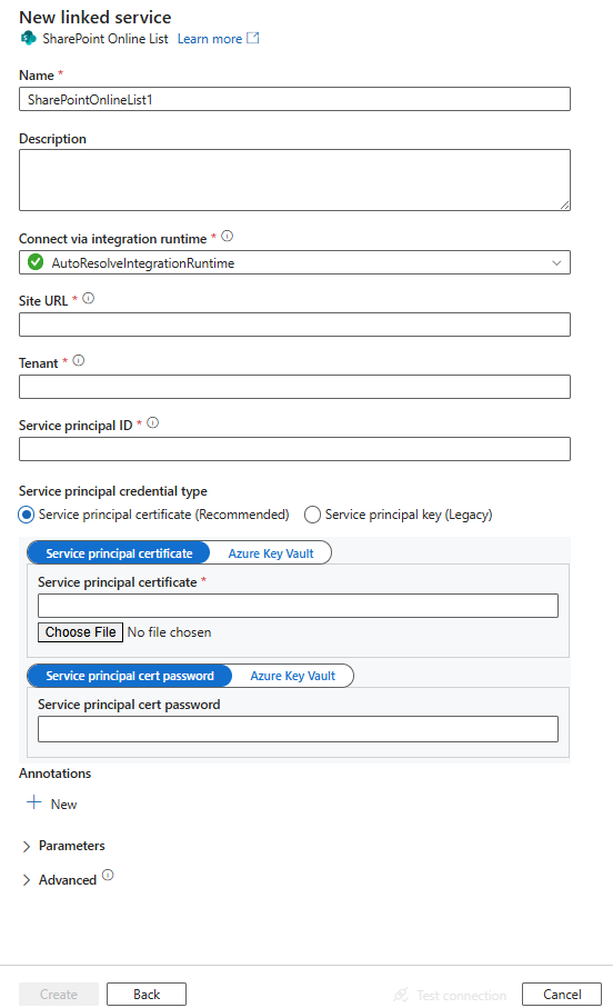 Снимок экрана: конфигурация связанной службы для списка SharePoint Online.