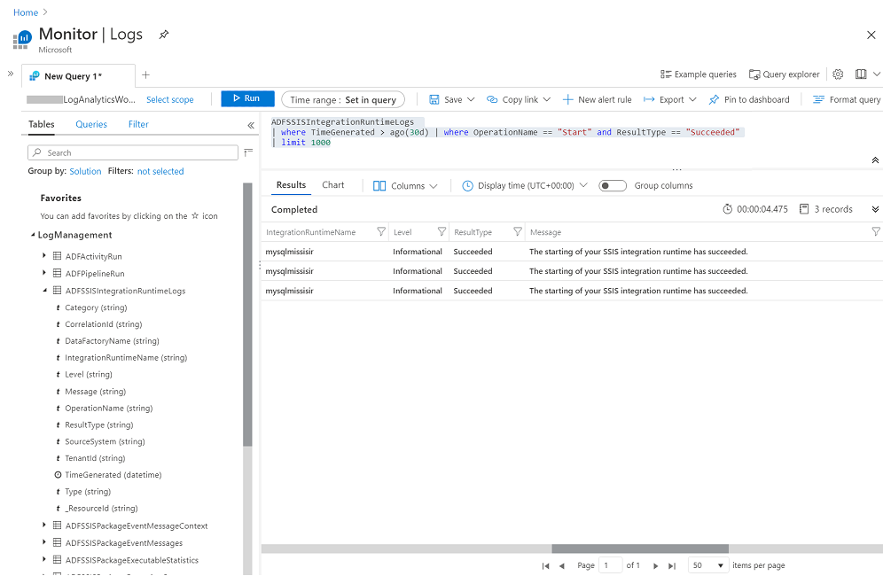 Запрос журналов IR-операций службы SSIS в Log Analytics