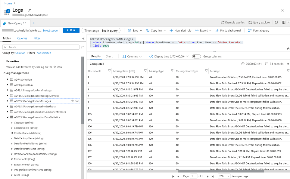 Запрос журналов выполнения пакетов служб SSIS в Log Analytics