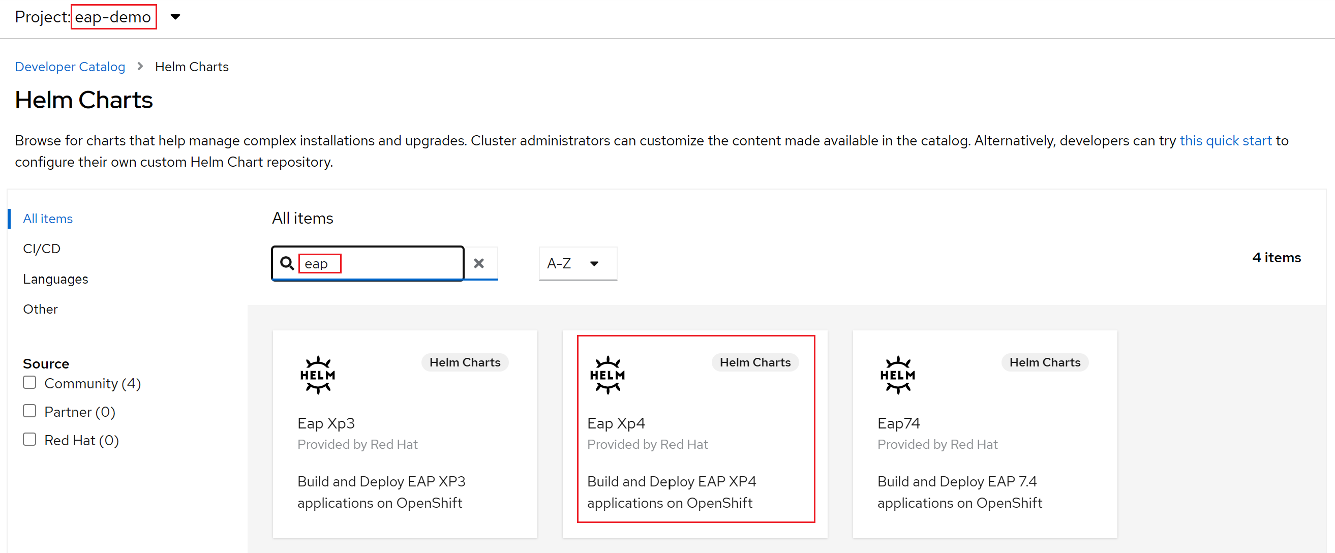 Снимок экрана: консоль OpenShift EAP Helm Chart.